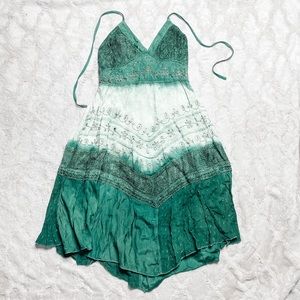 90’s Vintage L.S.I. Ombré Embroidered Tie Die Green Halter-neck Dress L